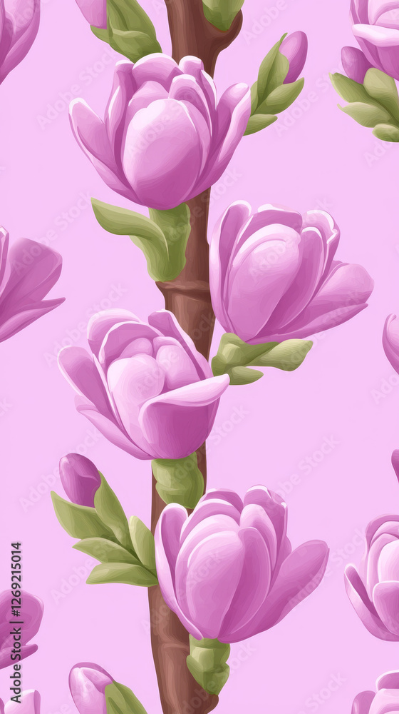 Pink floral pattern with green leaves on branch Pink floral pattern with green leaves on branch