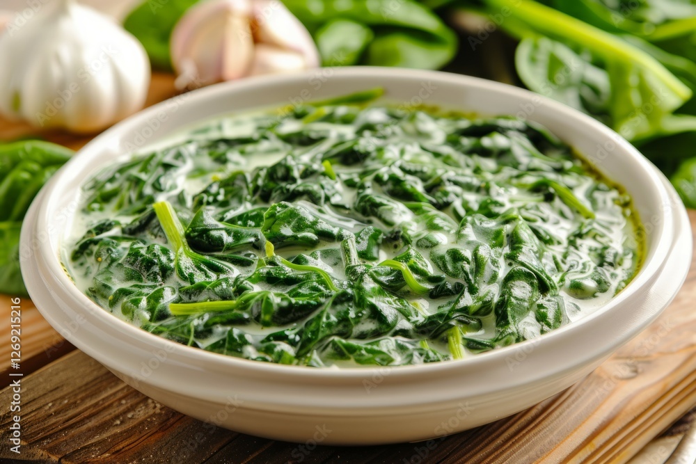 Creamed spinach in oval dish on wooden table. AI generated Creamed spinach in oval dish on wooden table. AI generated