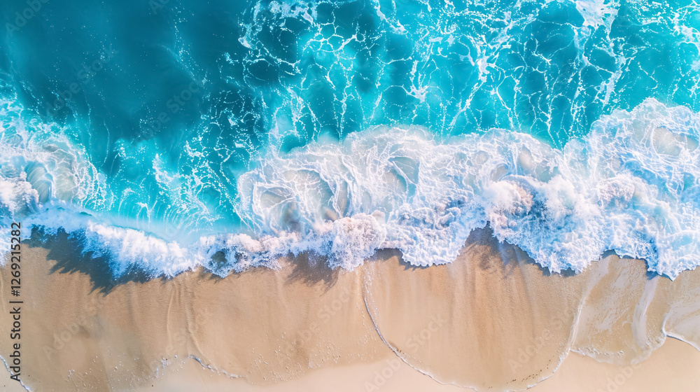 Top view of beach and waves with turquoise water background, showcasing a summer seascape from the air. Ideal for travel concepts. Top view of beach and waves with turquoise water background, showcasing a summer seascape from the air. Ideal for travel concepts.