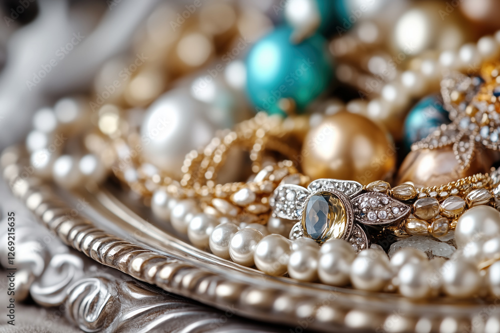 Elegant jewelry pieces displayed on decorative tray, featuring pearls, gold, and colorful gemstones. intricate designs and luxurious materials create stunning visual appeal Elegant jewelry pieces displayed on decorative tray, featuring pearls, gold, and colorful gemstones. intricate designs and luxurious materials create stunning visual appeal