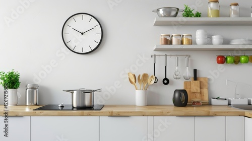 Wall clock in a kitchen with utensils