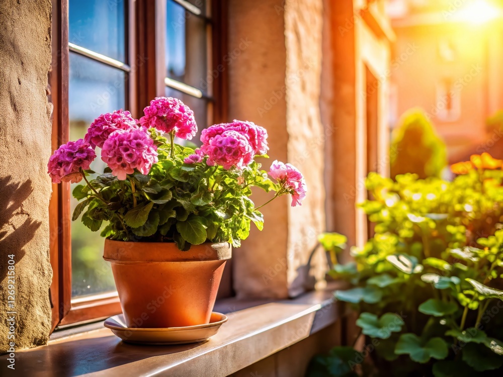 Fototapeta premium Spring Windowsill: Pink Flowers in Pot, Bright Sunlight, Architectural Detail