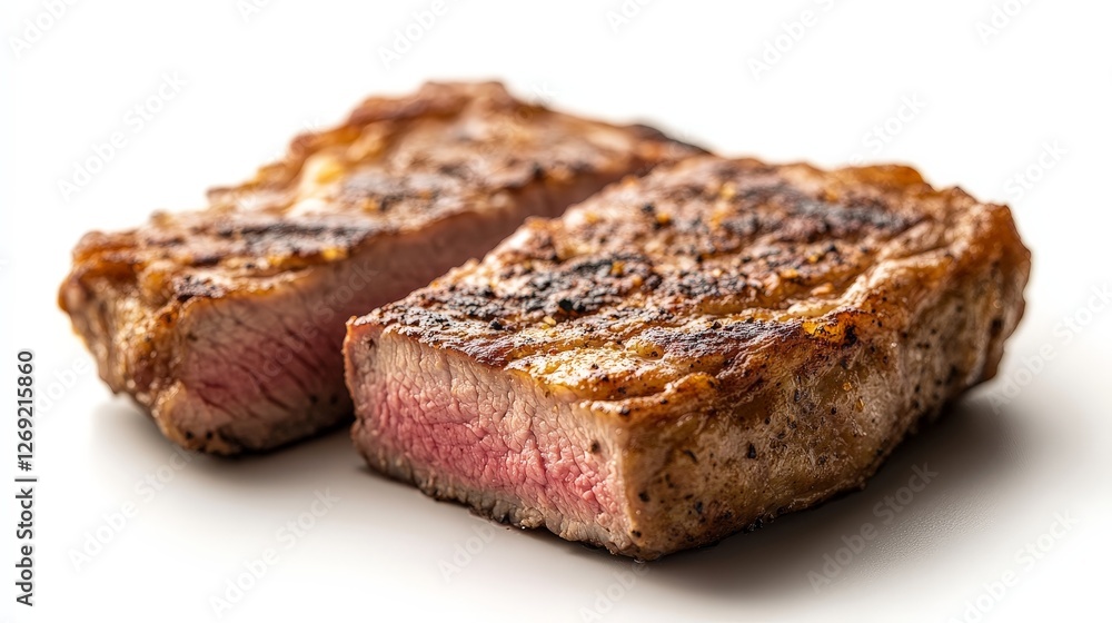 Two perfectly cooked steaks showcasing a juicy interior and charred exterior. Two perfectly cooked steaks showcasing a juicy interior and charred exterior.