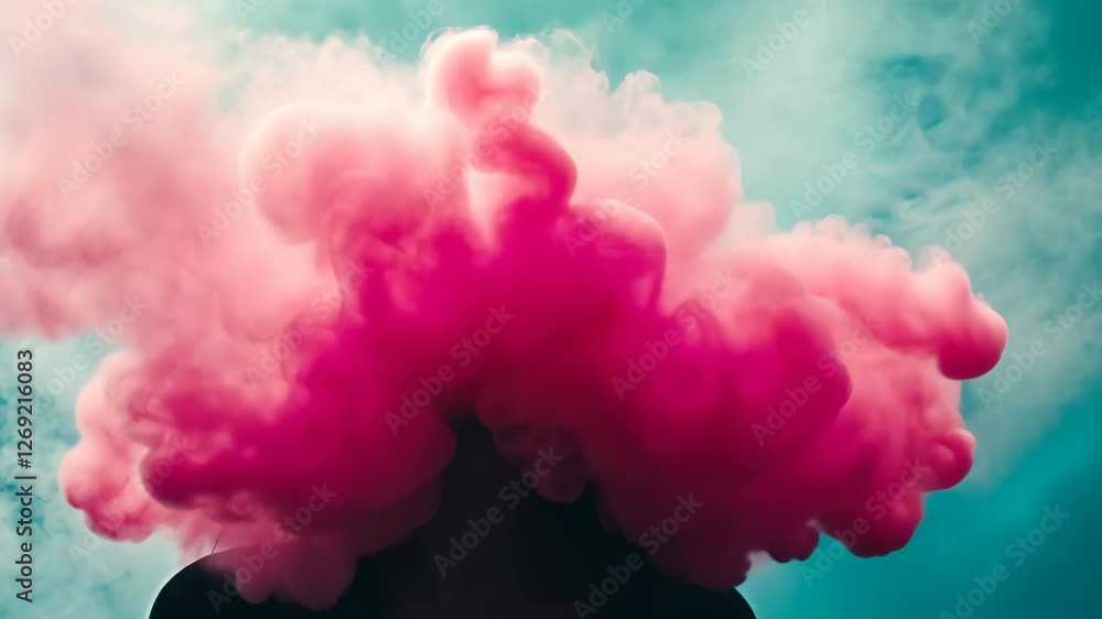Bright pink smoke envelops figure against clear blue sky during creative artistic event Bright pink smoke envelops figure against clear blue sky during creative artistic event