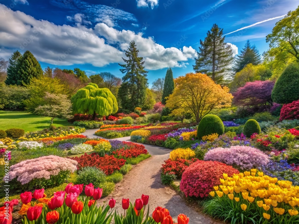 Obraz premium Springtime Botanical Panorama: Vibrant Colorful Blossoms in Full Bloom