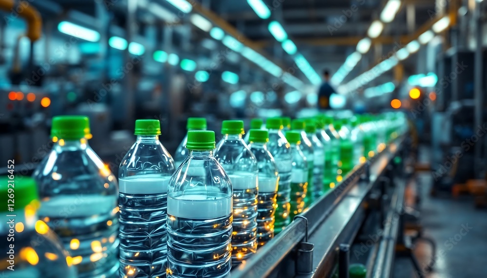 Bottled Water on Conveyor Belt in Manufacturing Plant Production Line Bottled Water on Conveyor Belt in Manufacturing Plant Production Line