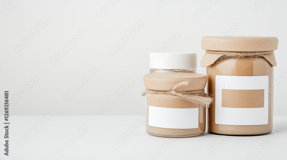 Organic skincare jars with neutral labels and natural twine accents create minimalist aesthetic. Perfect for eco friendly beauty enthusiasts Organic skincare jars with neutral labels and natural twine accents create minimalist aesthetic. Perfect for eco friendly beauty enthusiasts