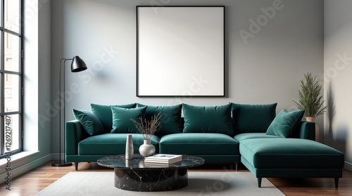 Minimalist Living Room Poster Frame Mockup Showcasing Modern Interior Design with a House Background