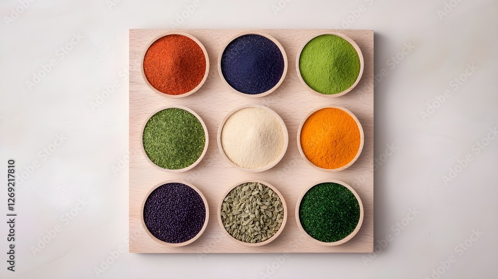 Colorful Display of Various Spices and Powders in Round Bowls Colorful Display of Various Spices and Powders in Round Bowls