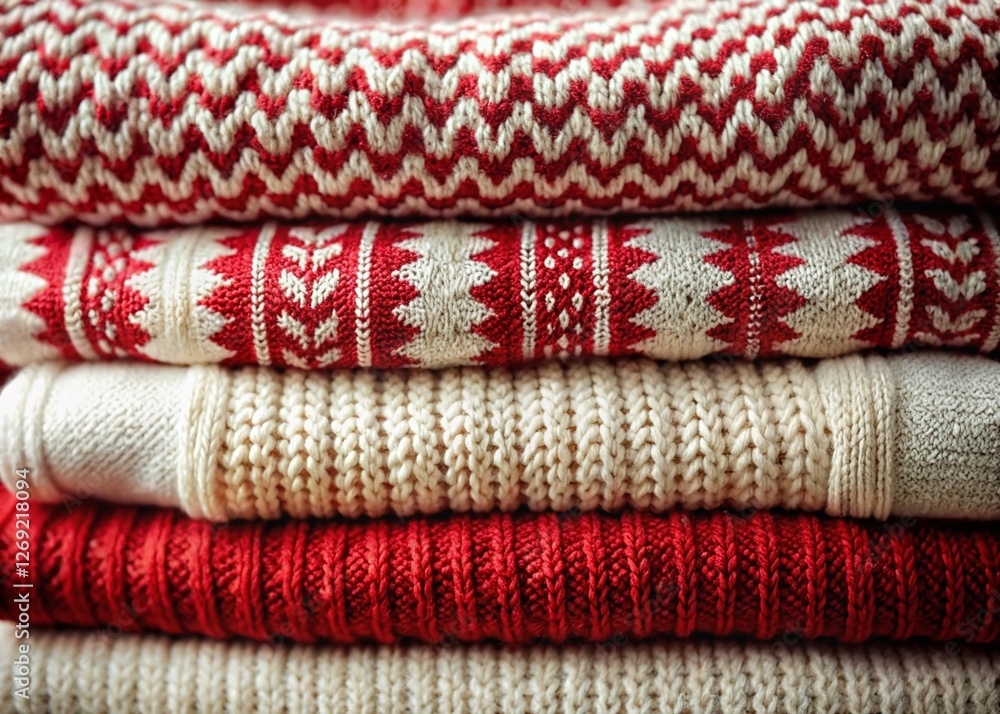 Stack of Cozy White & Red Knit Wool Sweaters - Winter Fashion Close-up Stack of Cozy White & Red Knit Wool Sweaters - Winter Fashion Close-up