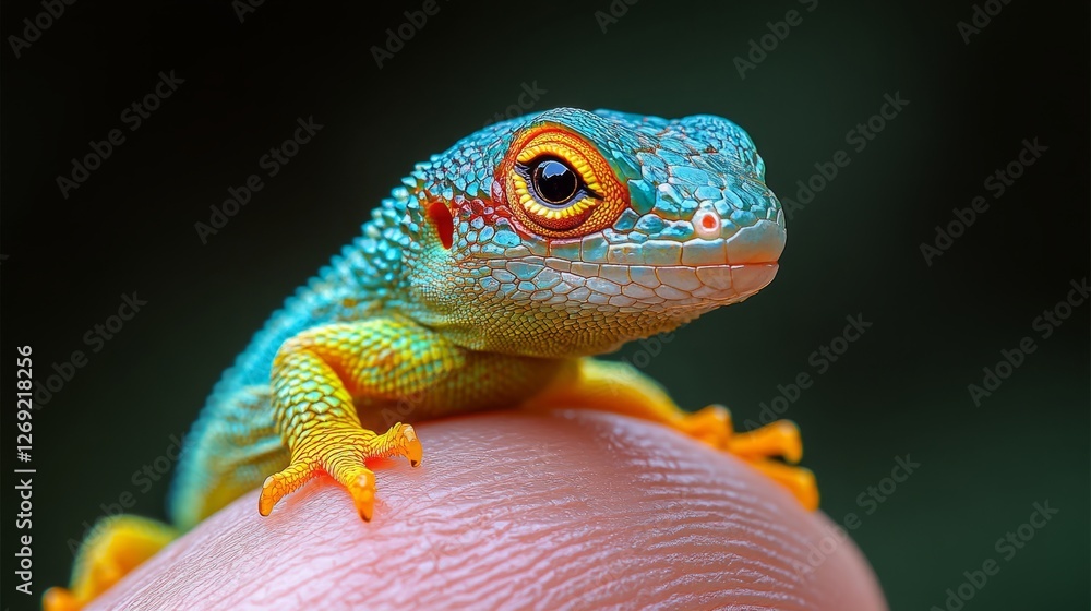 Obraz premium Green lizard on the finger, high-resolution stock photography, high-definition realistic photography, highly detailed 