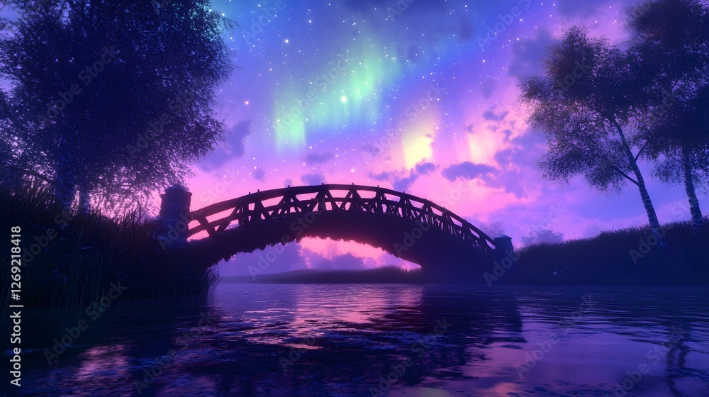 Naklejka premium Serene Landscape with Bridge Understated by Colorful Night Skies