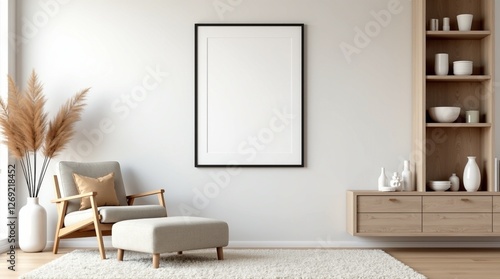 Scandinavian Living Room Poster Frame Mockup in a Modern Interior Setting for Stylish Home Decor