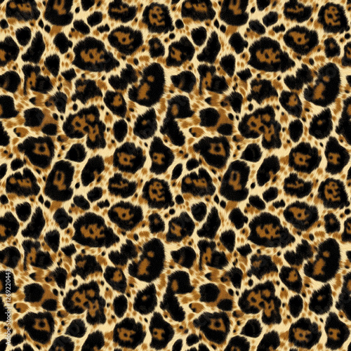 Leopard fur, photorealistic image. Seamless pattern. Animalistic trendy print. Cover, wallpaper, packaging for the brand.