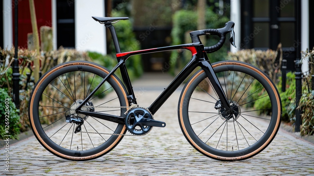 Black road bike parked on cobblestone street Black road bike parked on cobblestone street