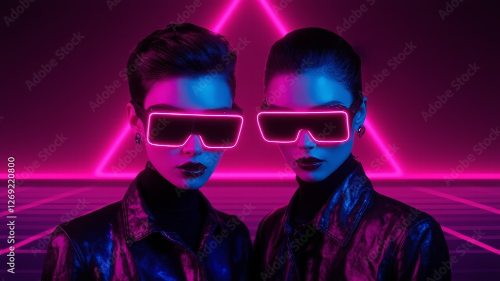 Two individuals in leather jackets and neon glasses stand together, set against a grid-like background. Two individuals in leather jackets and neon glasses stand together, set against a grid-like background.
