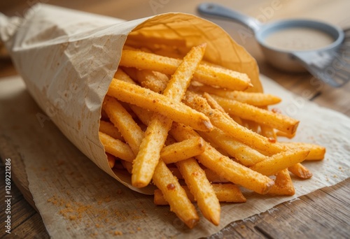 Delicious French fries, crispy and golden, served in a paper envelope
