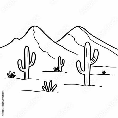 Arizona desert with cacti and mountains, simple black line art coloring page for kids, coloring page