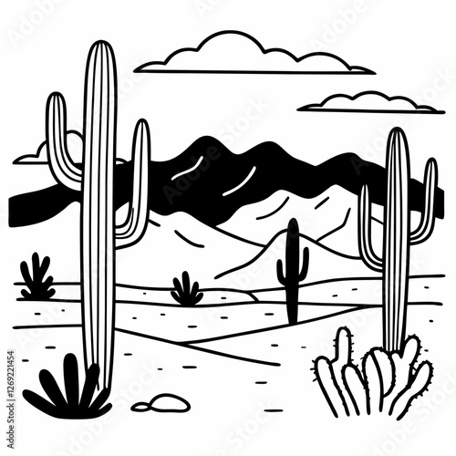Arizona desert with cacti and mountains, simple black line art coloring page for kids, coloring page
