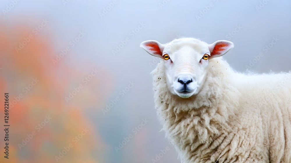 Close-Up of a Sheep with a Soft Coat in Misty Landscape Background Close-Up of a Sheep with a Soft Coat in Misty Landscape Background
