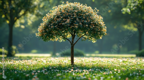 Blooming tree in sunlit park, flowers, spring photo