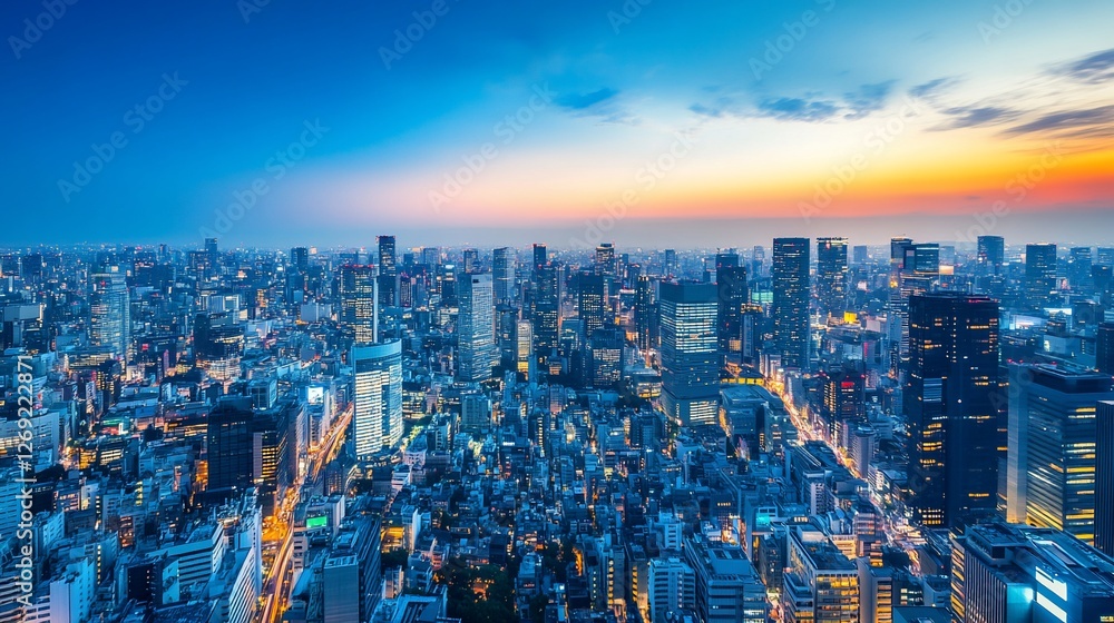 Obraz premium Vibrant city skyline at sunset.