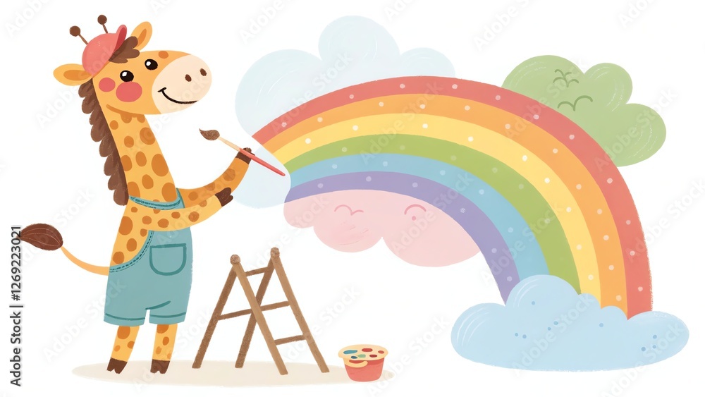 Obraz premium Giraffe painting a colorful rainbow in a playful scene.