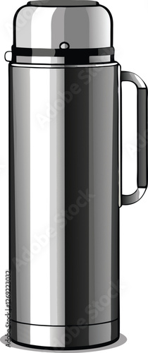 Showcases a sleek modern stainless steel thermos resting on a light uniform surface