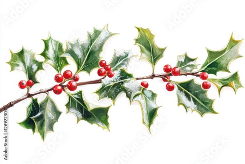 elegant holly branch with frostdusted leaves and vibrant red berries watercolor style on pristine white botanical illustration with delicate shadows photo