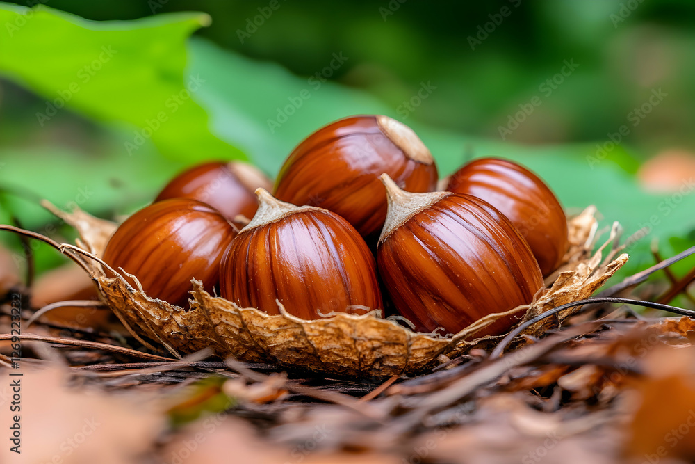Chestnuts nestled in natural leaf bed Chestnuts nestled in natural leaf bed