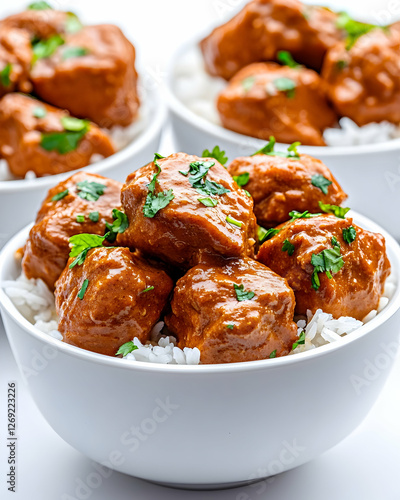 Chicken Curry Served Over Rice, Close-Up View, Delicious Dish photo