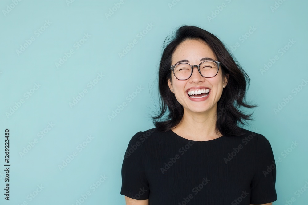 Joyful woman with glasses, expressing happiness through a genuine and infectious, lighthearted smile Joyful woman with glasses, expressing happiness through a genuine and infectious, lighthearted smile