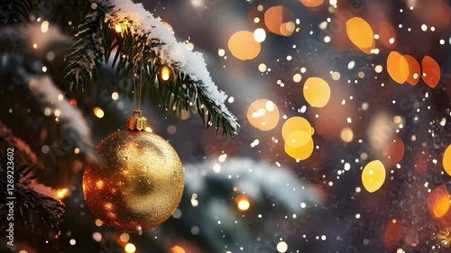 Christmas tree ornament with golden bauble and snowflakes on branches