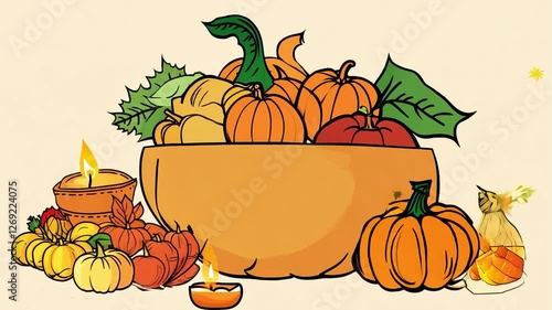 Pumpkin bowl with autumn harvest and candle illustration