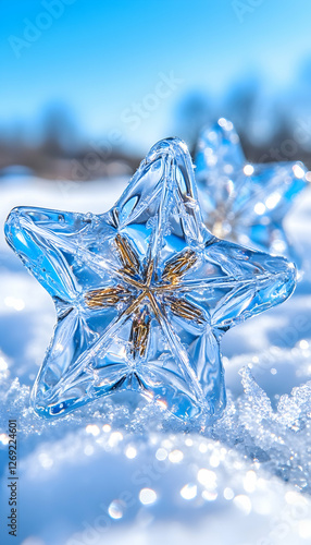 Clear star ornaments on snow, bright sunny day photo