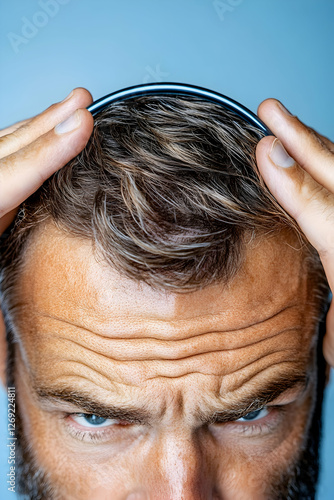 Close-up man adjusting hair, serious expression, studio shot. Possible use hair care, beauty products photo