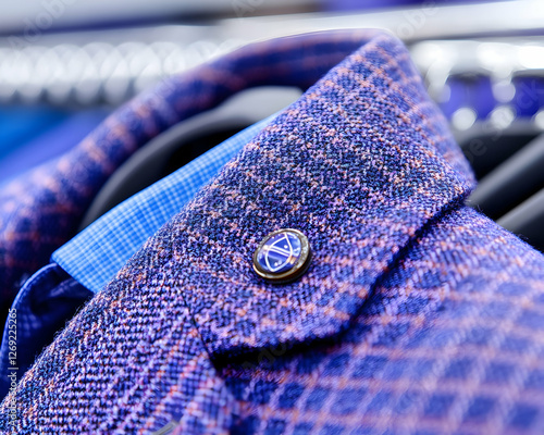 Closeup of purple patterned shirt collar on hanger photo