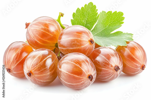 Cluster of fresh golden gooseberries with leaves. Isolated on white background. Ideal for food packaging or healthy recipes photo