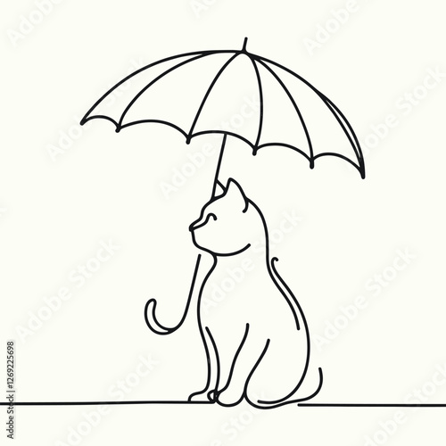 One Line Cat Under Umbrella Illustration - Minimalistic Pet Art
