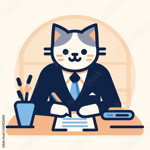 Business Cat in Office Setting - Flat Illustration