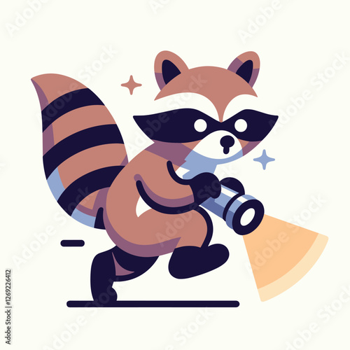 Cartoon Raccoon Sneaking with Flashlight - Cute Animal Vector Illustration