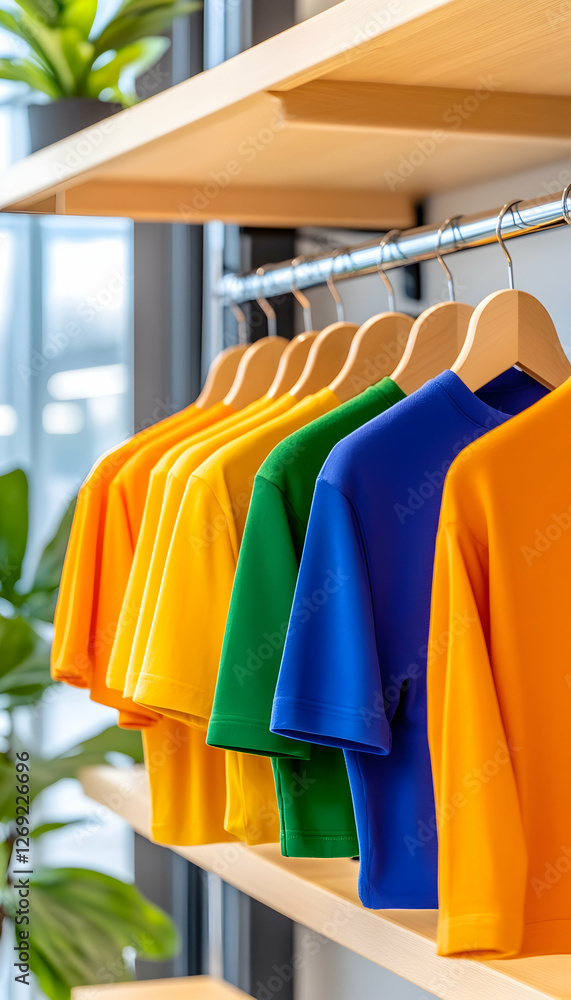 Fototapeta premium Colorful T-shirts on Wooden Shelves, Retail Display, Interior