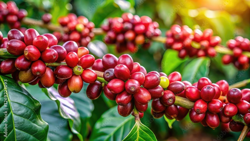 A coffee plantation's lush branch, bokeh-blurred background, displays close-up green coffee beans ready for harvest. A coffee plantation's lush branch, bokeh-blurred background, displays close-up green coffee beans ready for harvest.
