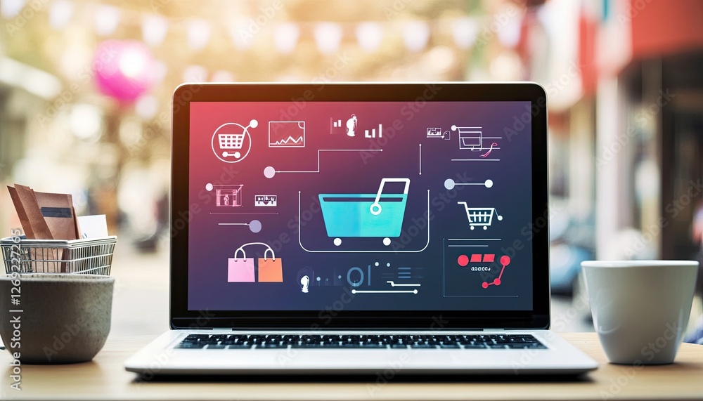 Digital Shopping Analytics Visualization: Interactive laptop interface with AI-driven e-commerce tools. Digital Shopping Analytics Visualization: Interactive laptop interface with AI-driven e-commerce tools.