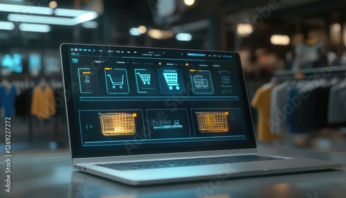 Digital Shopping Analytics Visualization: Interactive laptop interface with AI-driven e-commerce tools.