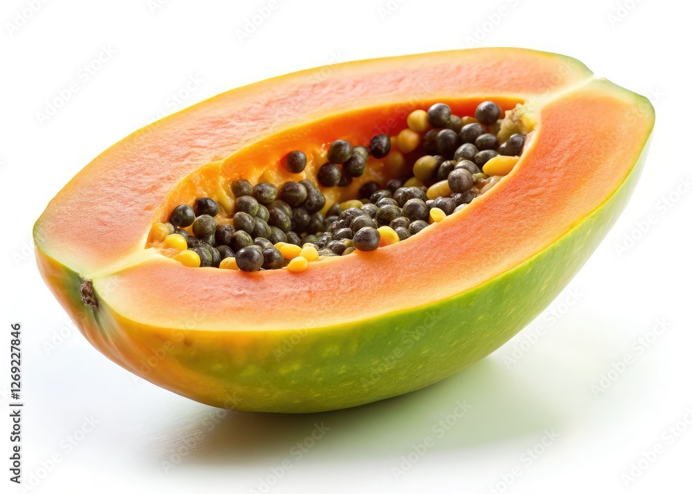 A miniature papaya slice, tilt-shift photography, pristine white background. Tropical delight. A miniature papaya slice, tilt-shift photography, pristine white background. Tropical delight.