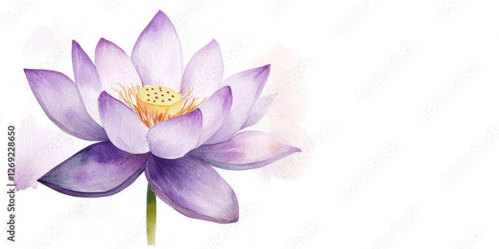 Fototapeta premium Watercolor purple lotus flower with green stem on white background