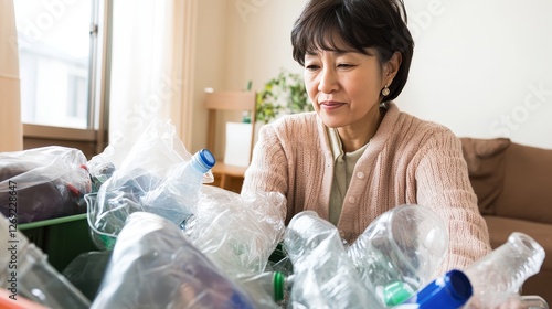 Asian mature woman separating waste plastic bottles at home for recycling, promoting sustainable living and environmental responsibility in everyday life, eco-friendly lifestyle concept photo