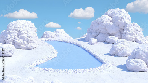 Snowy landscape, winding river, whimsical clouds, winter wonderland, digital art