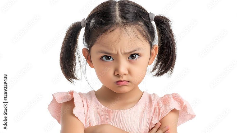 Upset Young Girl with Pigtails Making Angry Expression and Clenched Fists, Emotional Child Portrait with Frustrated Reaction in Pink Shirt Isolated on White Background Upset Young Girl with Pigtails Making Angry Expression and Clenched Fists, Emotional Child Portrait with Frustrated Reaction in Pink Shirt Isolated on White Background